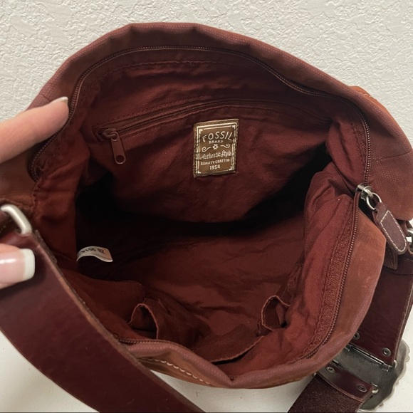 FOSSIL •Brushed Canvas/Wide Leather Strap Shoulder Bag with Rhinestone Buckle - Picture 10 of 12